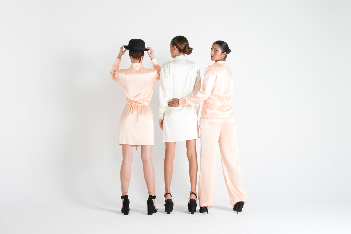 Long Sleeve Silk Tie Up Shirt Dress White