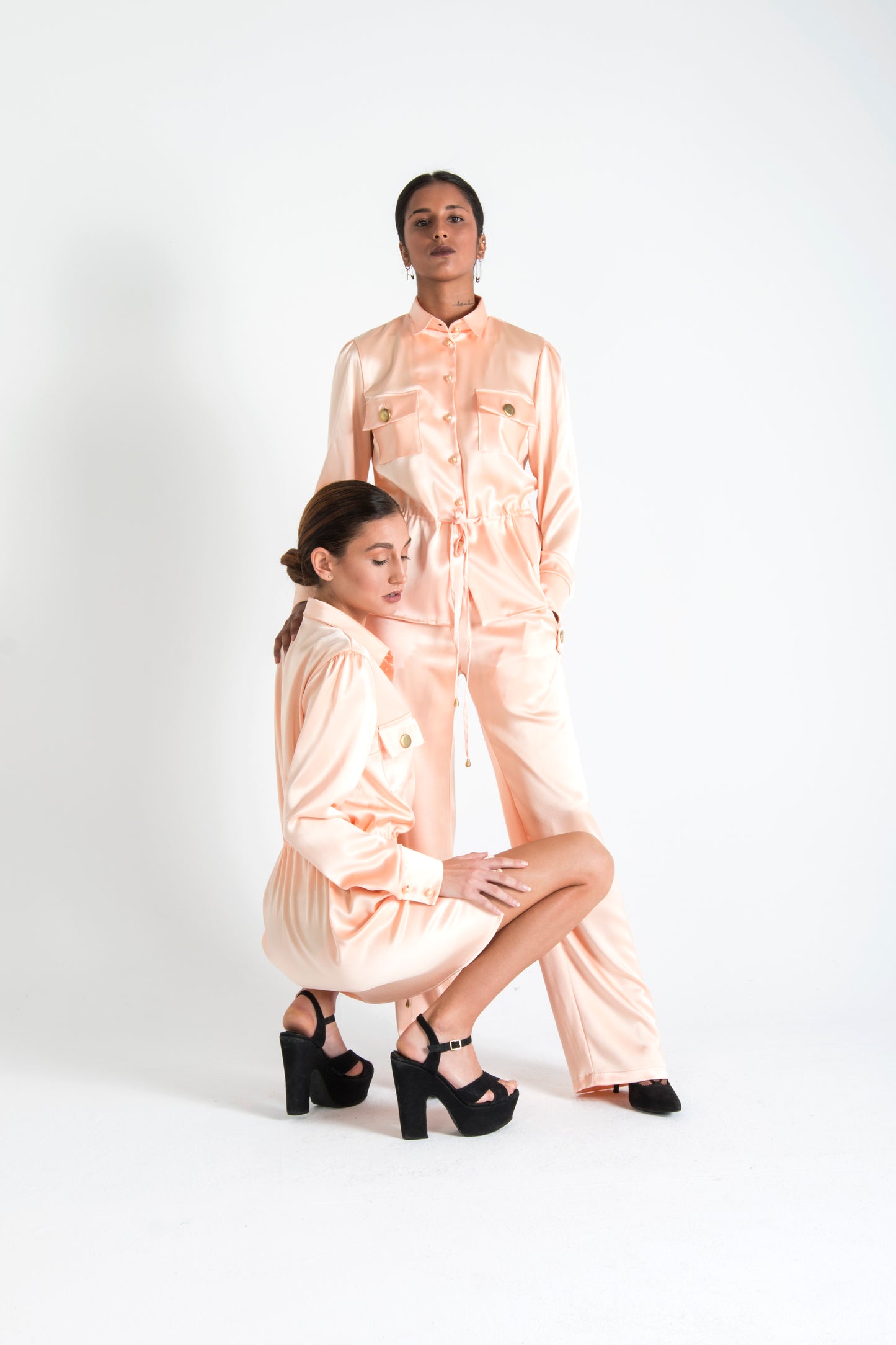 Long Sleeve Silk Tie Up Shirt Dress Pink -PRE ORDER