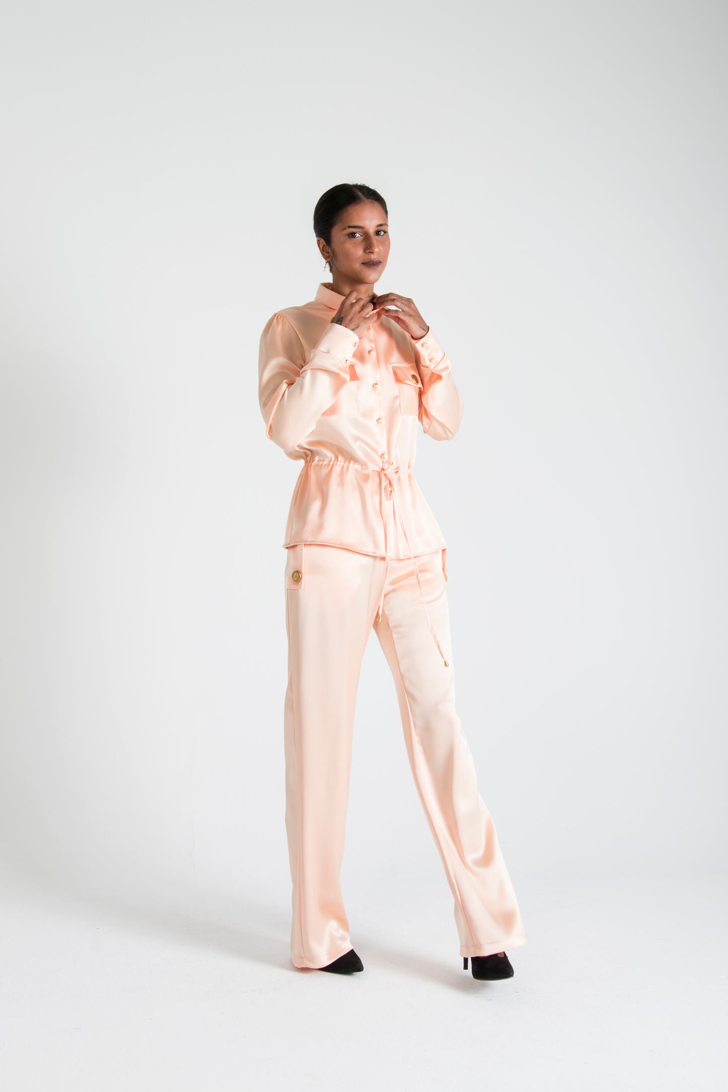 Long Sleeve Silk Tie Up Blouse Pink - PRE ORDER