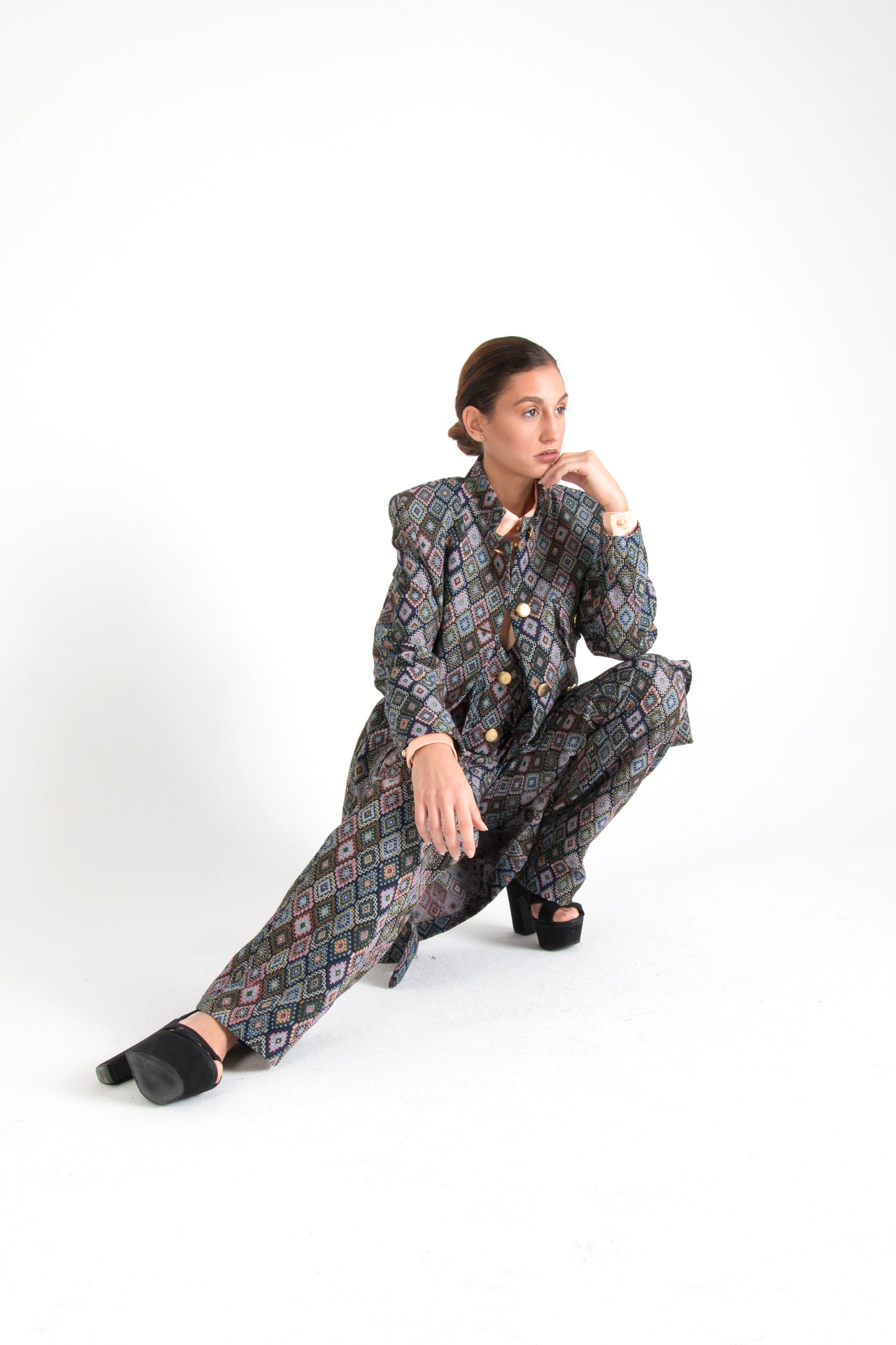 Multicolor Long Jacket with Pockets Square