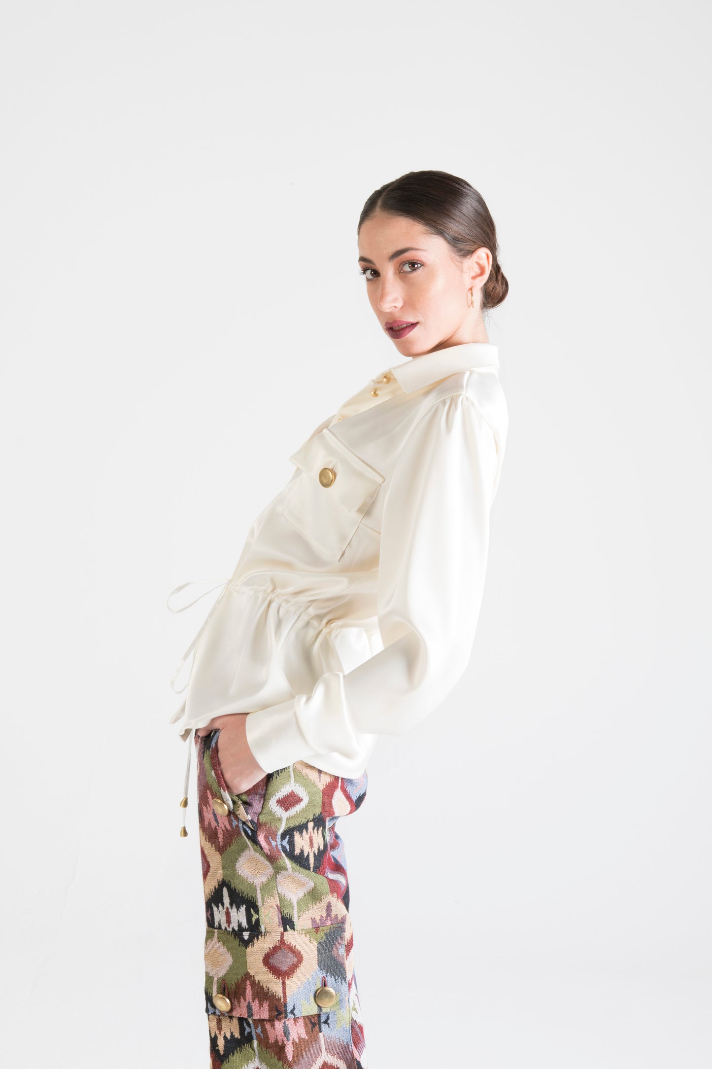 Long Sleeve Silk Tie Up Blouse White - PRE ORDER