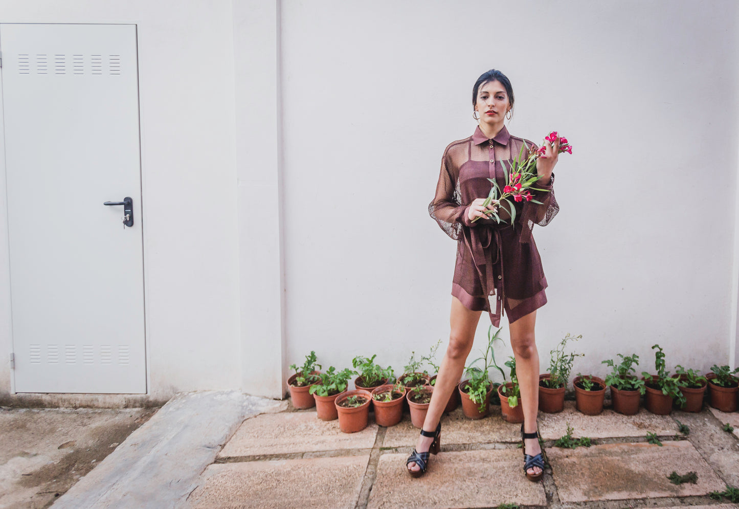 Long Sleeve Oversized Brown Cotton Mesh Button Up Shirt