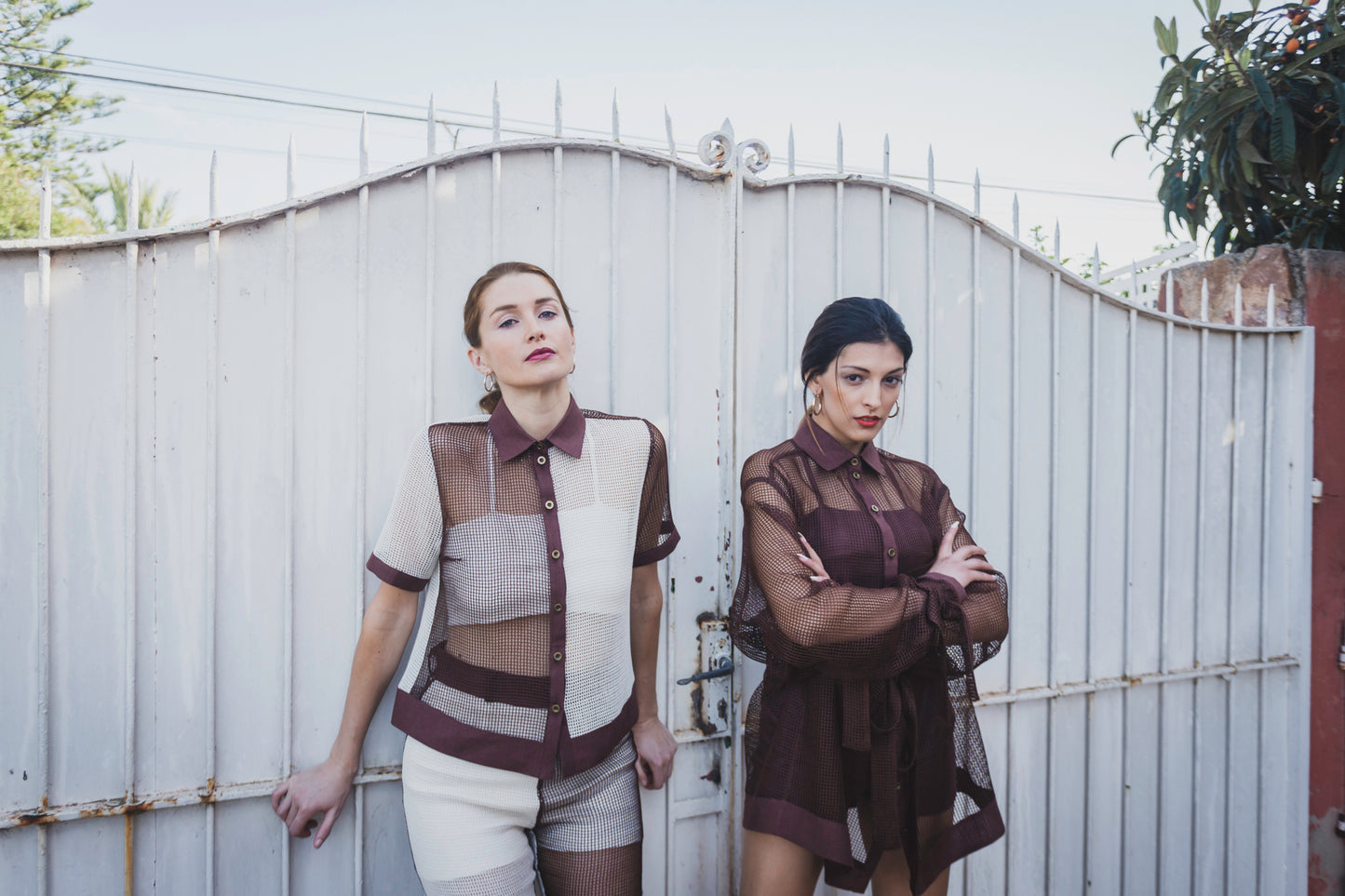 Long Sleeve Oversized Brown Cotton Mesh Button Up Shirt