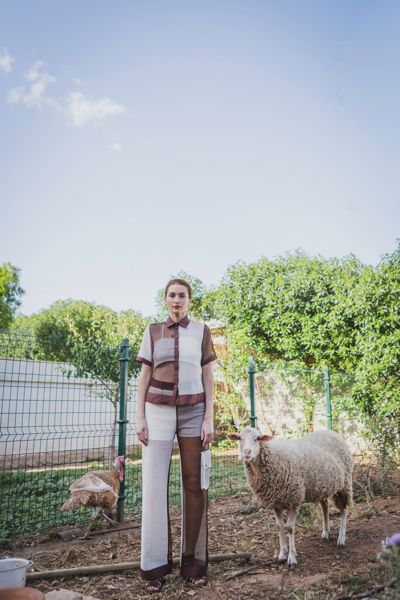 White and Brown Color Block Cotton Mesh Long Trousers
