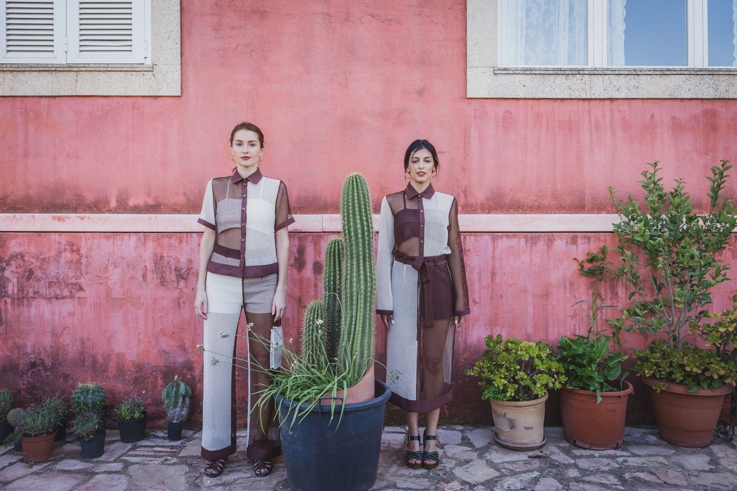 White and Brown Color Block Cotton Mesh Long Trousers