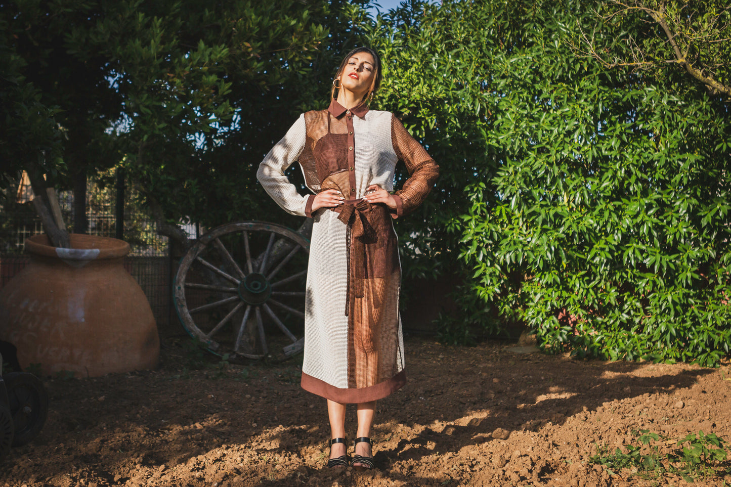 White and Brown Color Block Cotton Mesh Midi Skirt