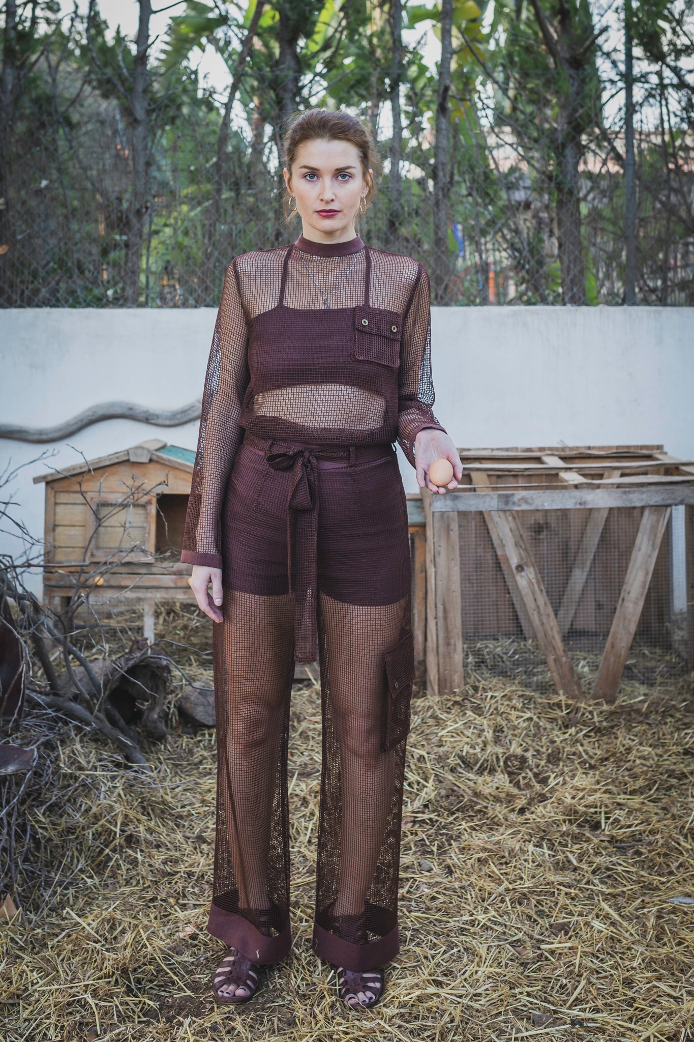 Long Sleeve Cotton Mesh Shirt with a Back Zipper