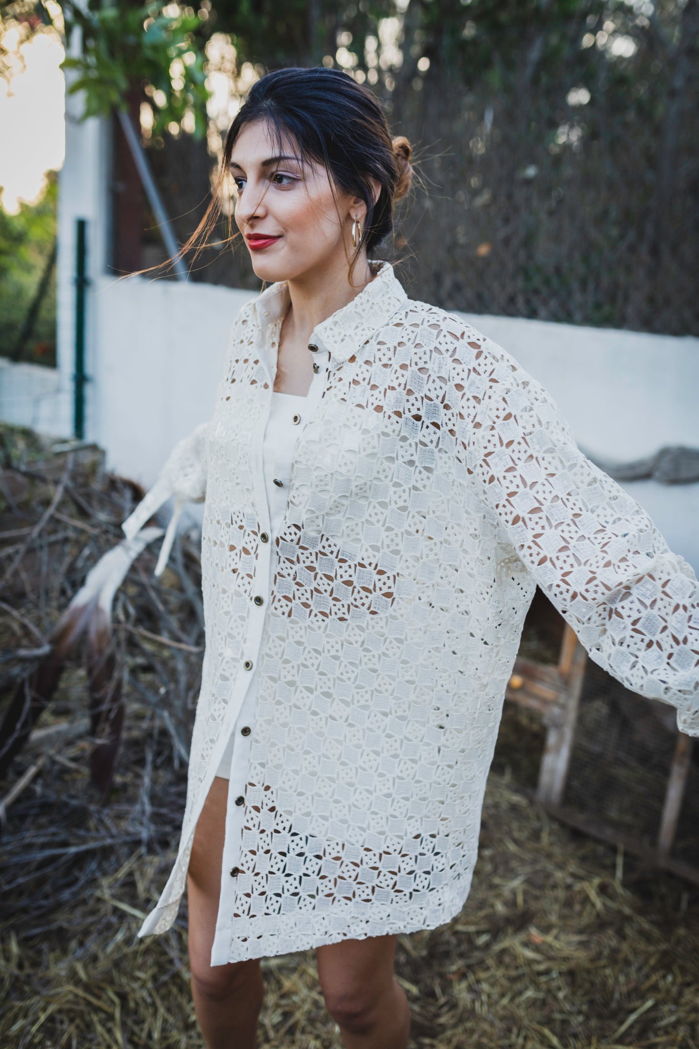 Long Sleeve Oversized Sequined Cotton Button Up Shirt