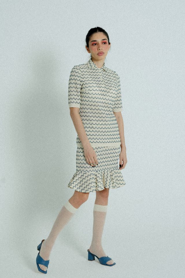Light Weight Cotton Knit High Waist Skirt with Ruffled Hem Marine