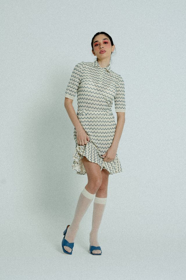 Light Weight Cotton Knit High Waist Skirt with Ruffled Hem Marine