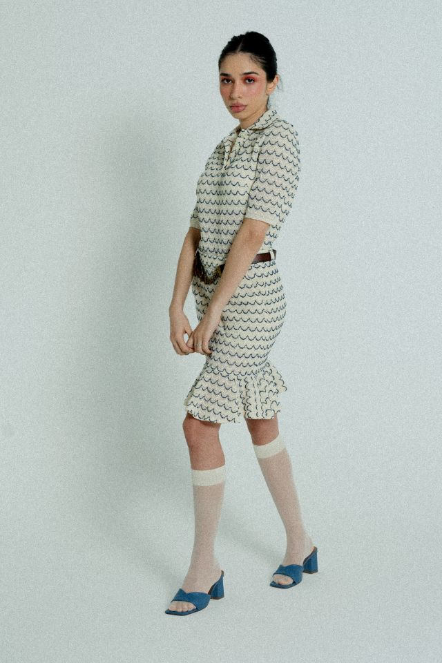 Light Weight Cotton Knit High Waist Skirt with Ruffled Hem Marine
