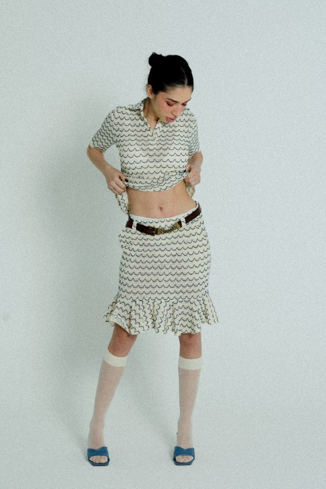 Light Weight Cotton Knit High Waist Skirt with Ruffled Hem Marine