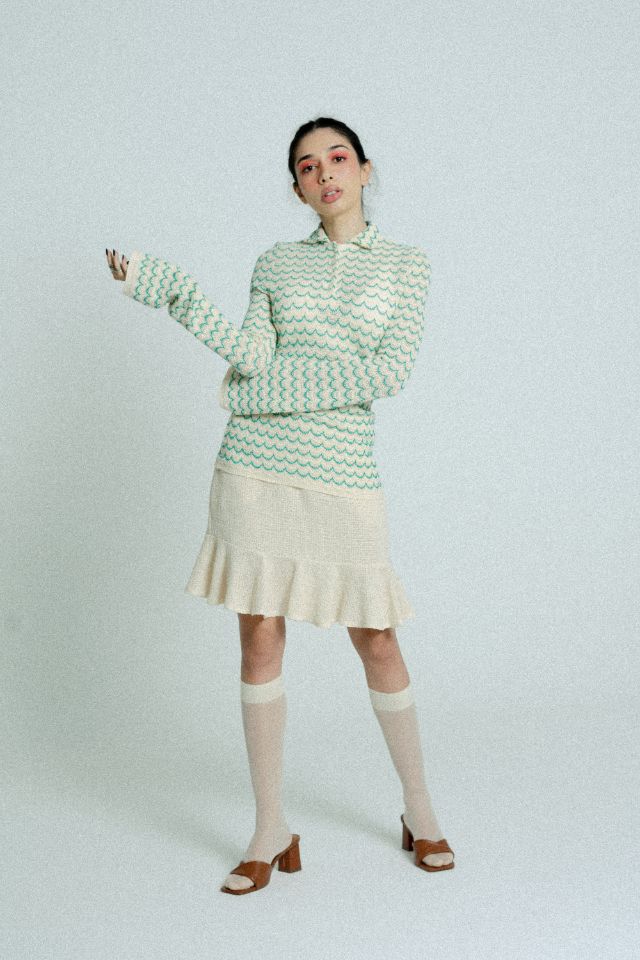 Light Weight Cotton Knit High Waist Skirt with Ruffled Hem Sand - PRE ORDER