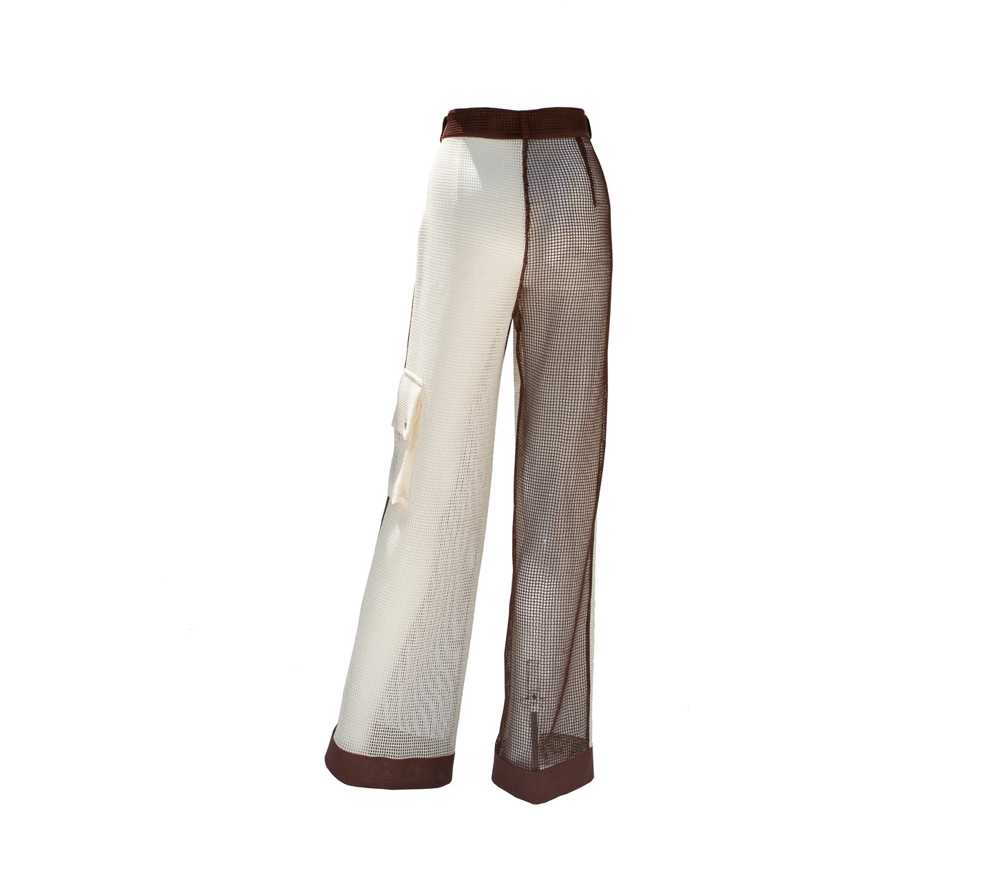 White and Brown Color Block Cotton Mesh Long Trousers