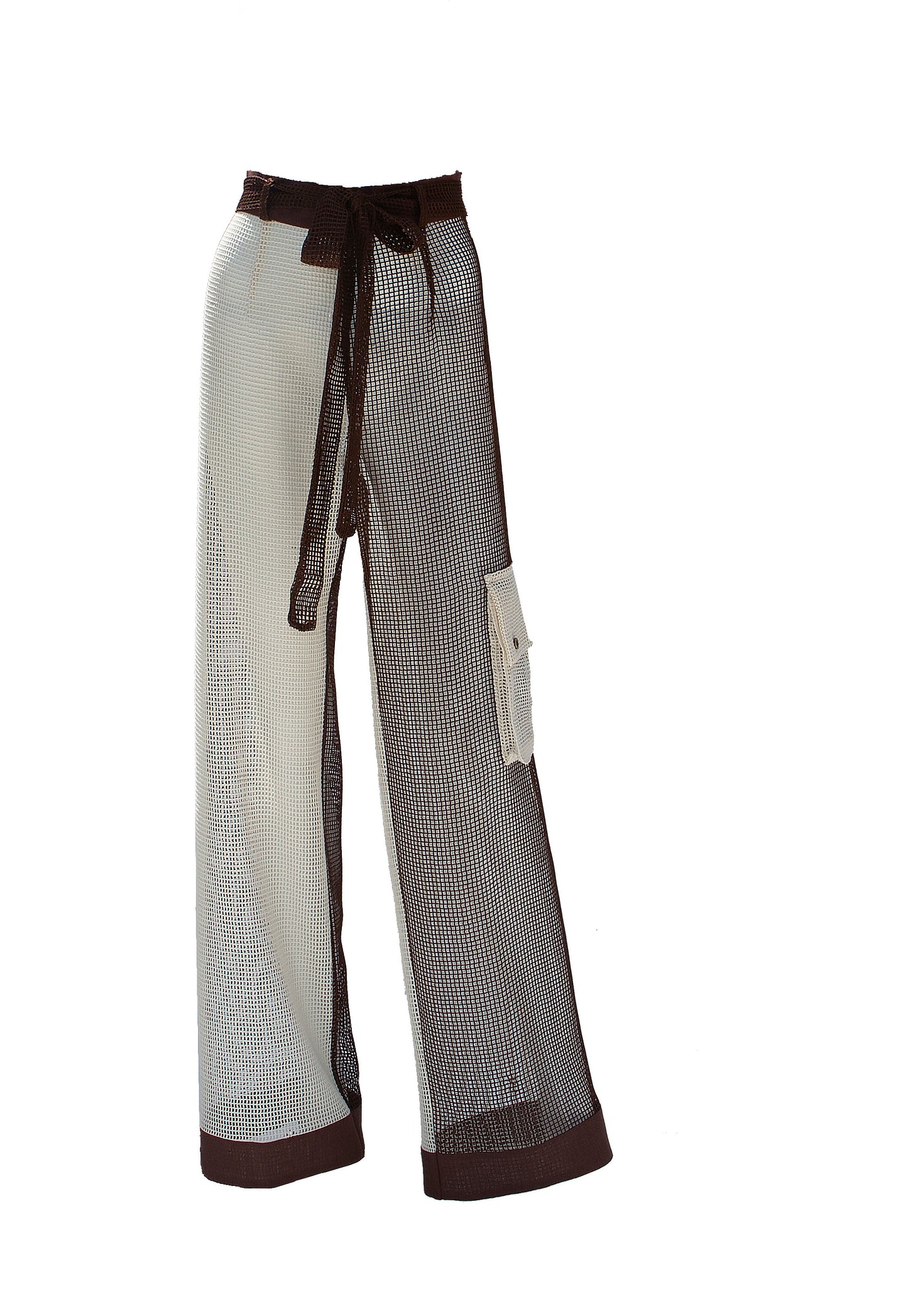 White and Brown Color Block Cotton Mesh Long Trousers