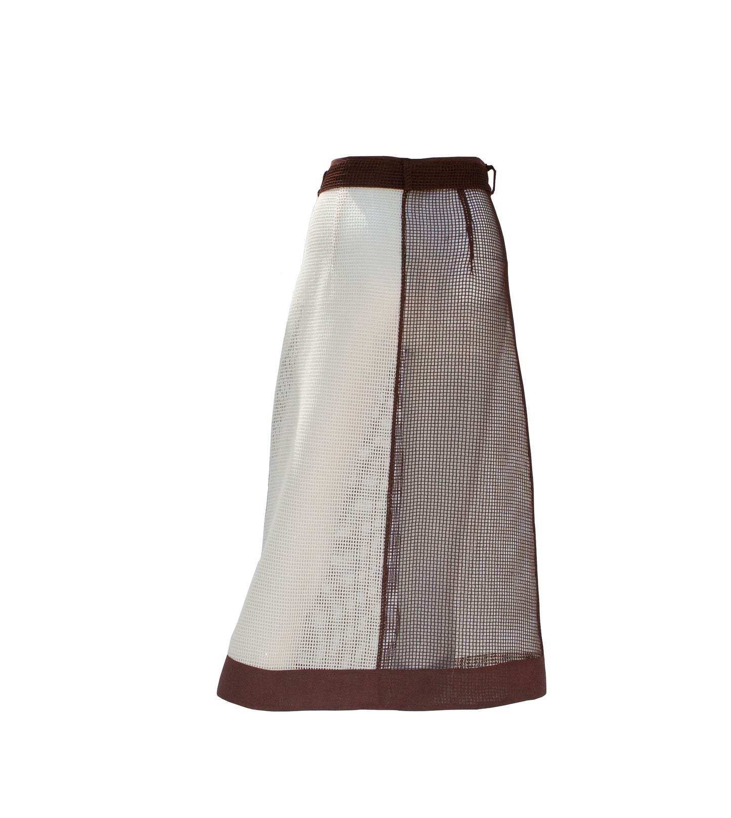 White and Brown Color Block Cotton Mesh Midi Skirt