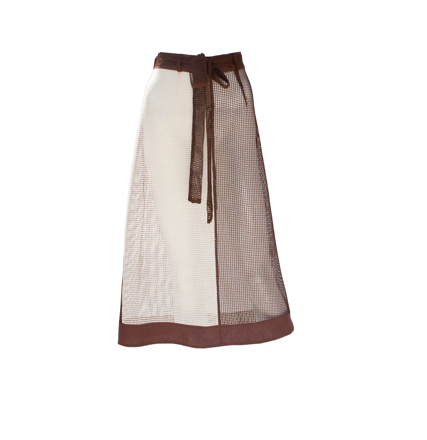 White and Brown Color Block Cotton Mesh Midi Skirt