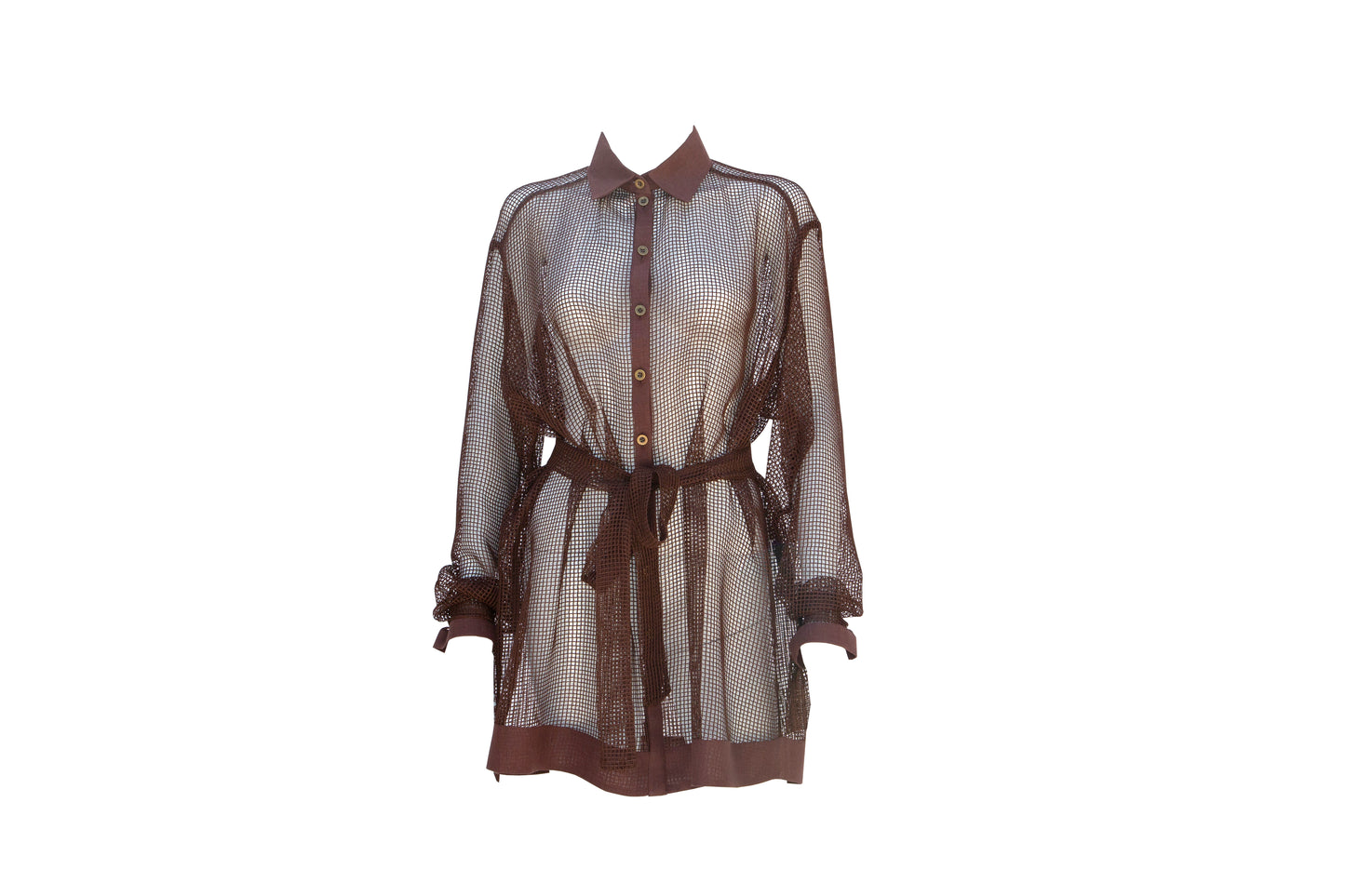 Long Sleeve Oversized Brown Cotton Mesh Button Up Shirt