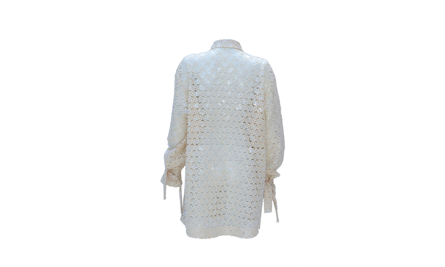Long Sleeve Oversized Sequined Cotton Button Up Shirt