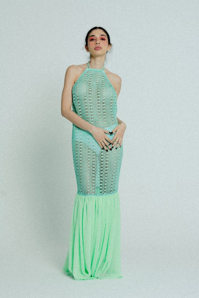 relax baby be cool cotton crochet dress with flowing chiffon hem green on green