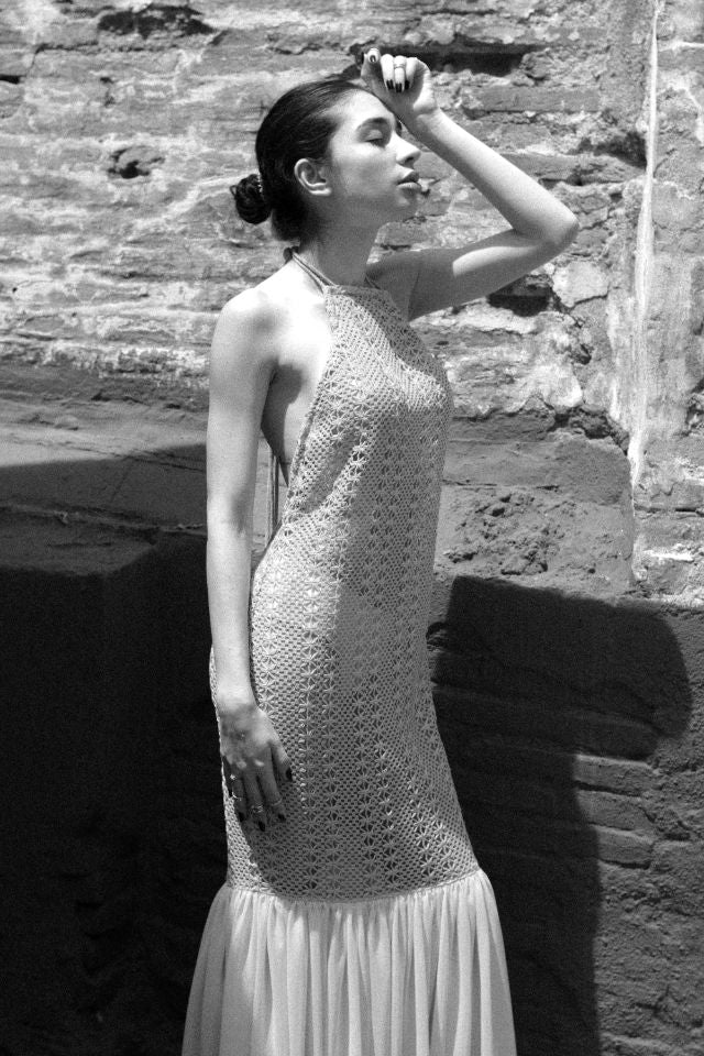 relax baby be cool cotton crochet dress with flowing chiffon hem green on green