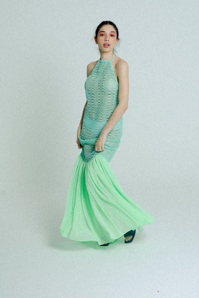 relax baby be cool cotton crochet dress with flowing chiffon hem green on green