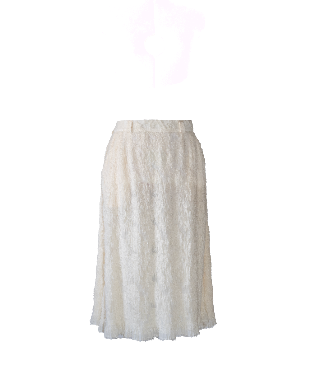A flowy midi skirt, with an attractive A-line cut, made from a gorgeous lightly see-through, fluffy, ruffled fabric in creamy white