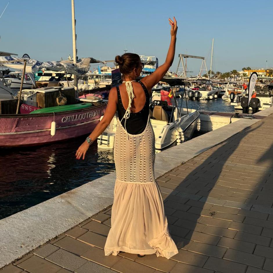 Wearing relax baby be cool cotton crochet maxi dress