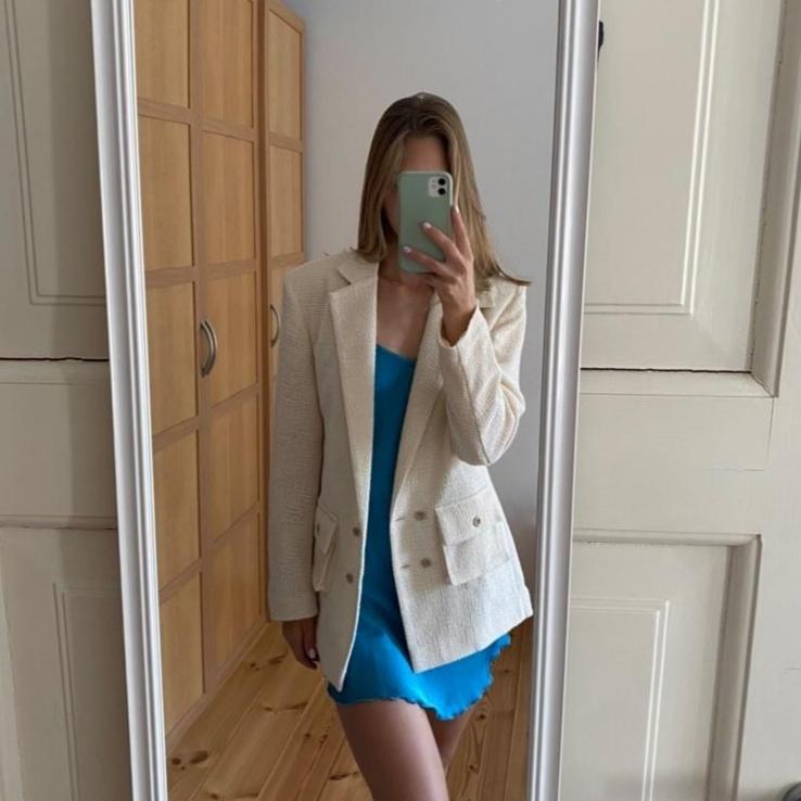 Wearing relax baby be cool cotton knit oversized blazer in off white