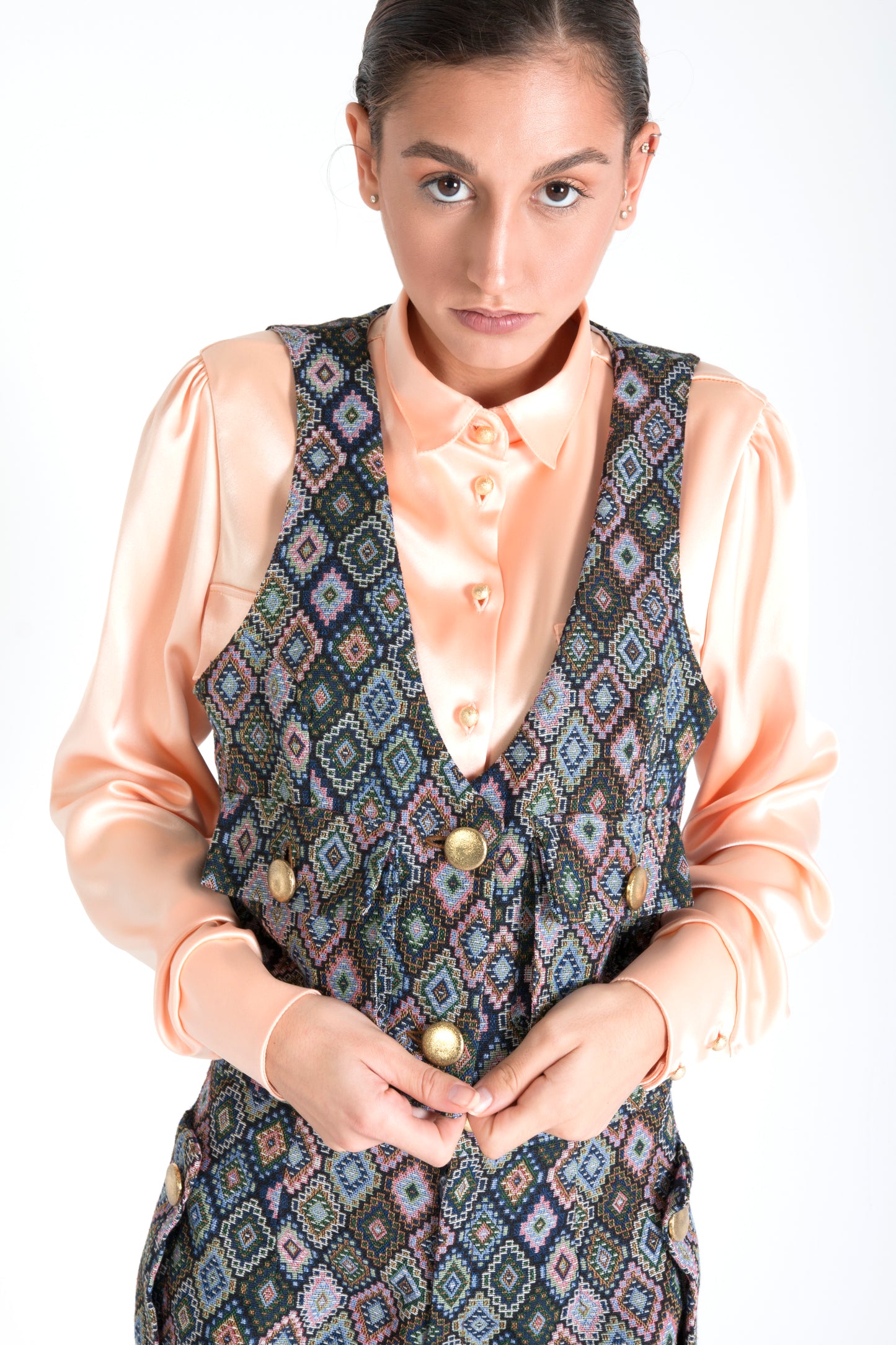 Multicolor Cropped Vest with Pockets Square