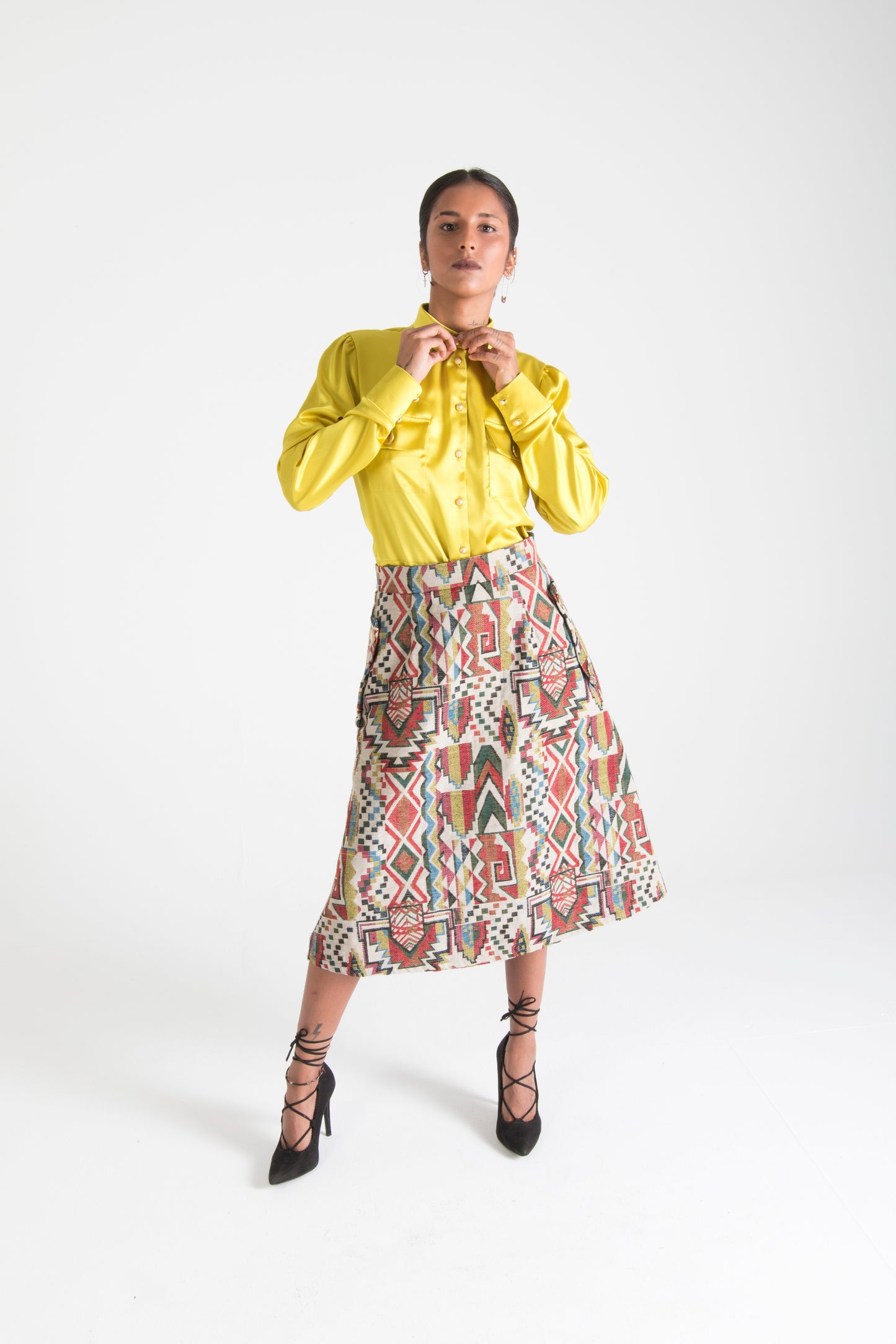 Multicolor Midi Skirt with Pockets White