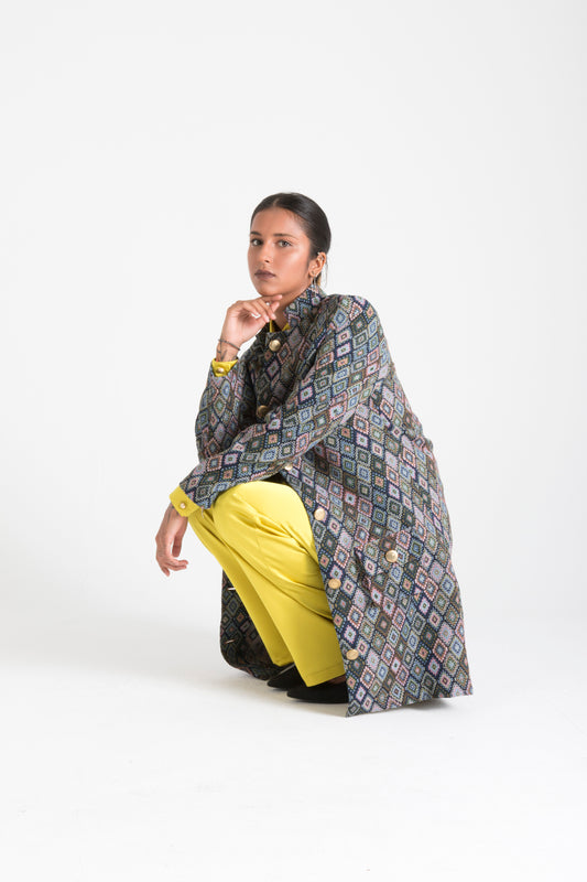 Multicolor Long Jacket with Pockets Square
