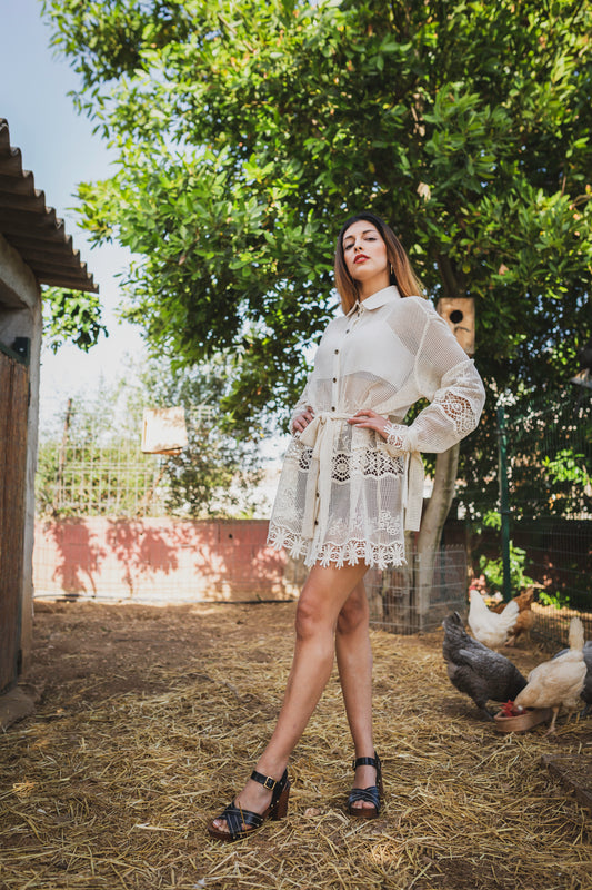 Long Sleeve Oversized Cotton Mesh Button Up Shirt