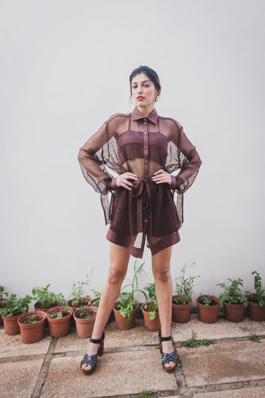 Long Sleeve Oversized Brown Cotton Mesh Button Up Shirt