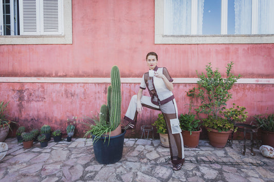 White and Brown Color Block Cotton Mesh Long Trousers