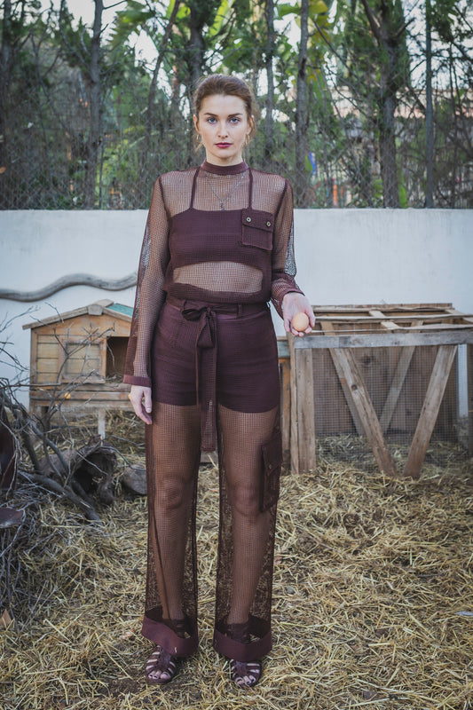 Long Sleeve Cotton Mesh Shirt with a Back Zipper