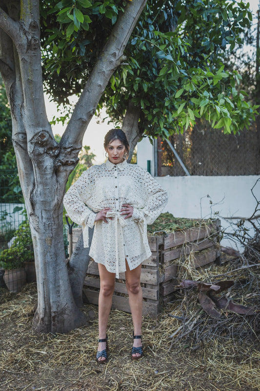 Long Sleeve Oversized Sequined Cotton Button Up Shirt