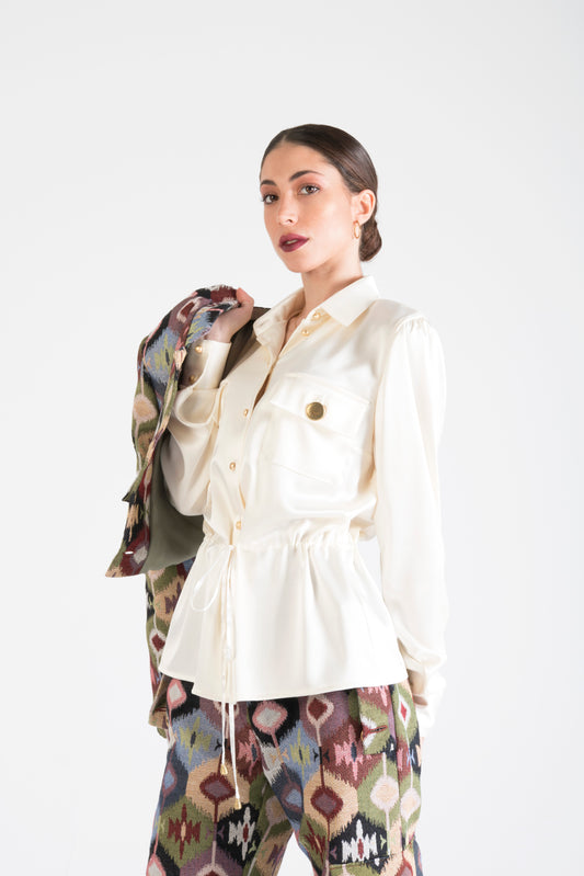 Long Sleeve Silk Tie Up Blouse White -  PRE ORDER
