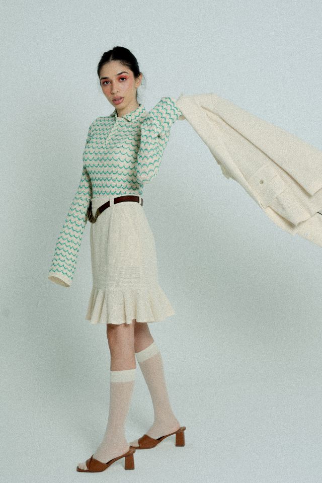 Light Weight Cotton Knit High Waist Skirt with Ruffled Hem Sand - PRE ORDER