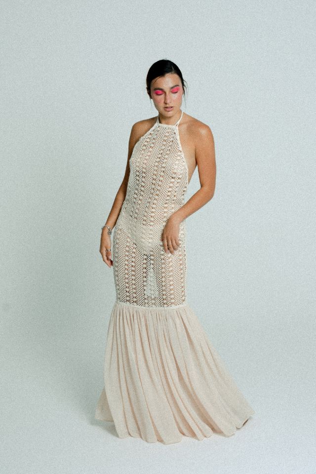 relax baby be cool cotton crochet dress with flowing chiffon hem sand on sand