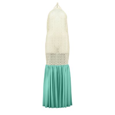 relax baby be cool cotton crochet dress with flowing chiffon hem sand on green