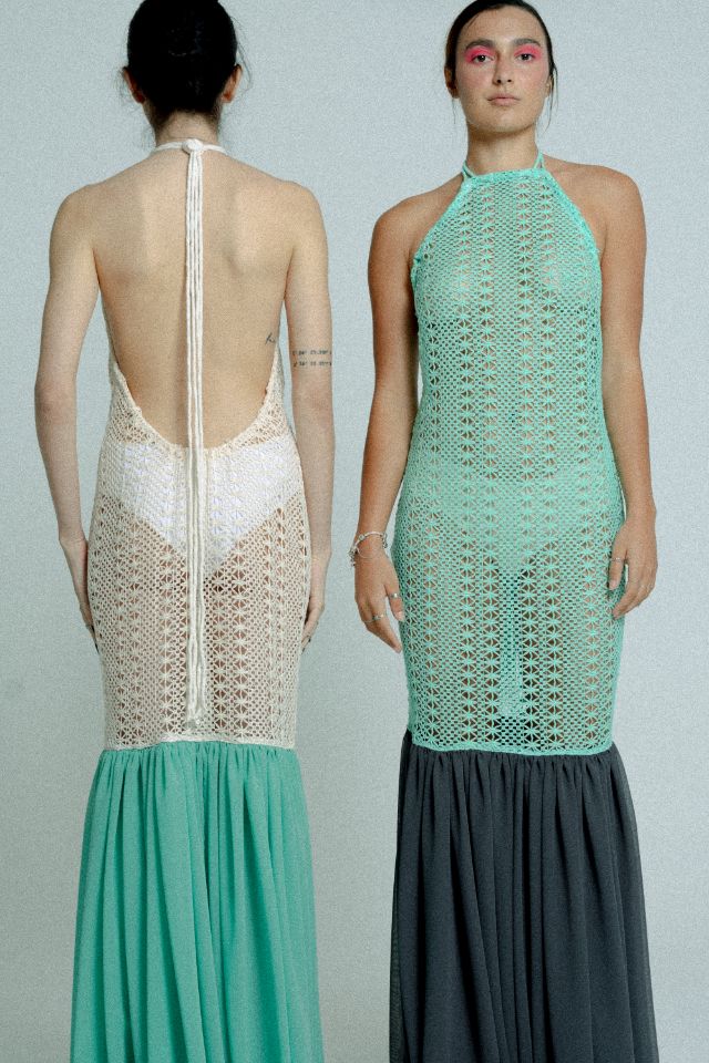 relax baby be cool cotton crochet dress with flowing chiffon hem green on black