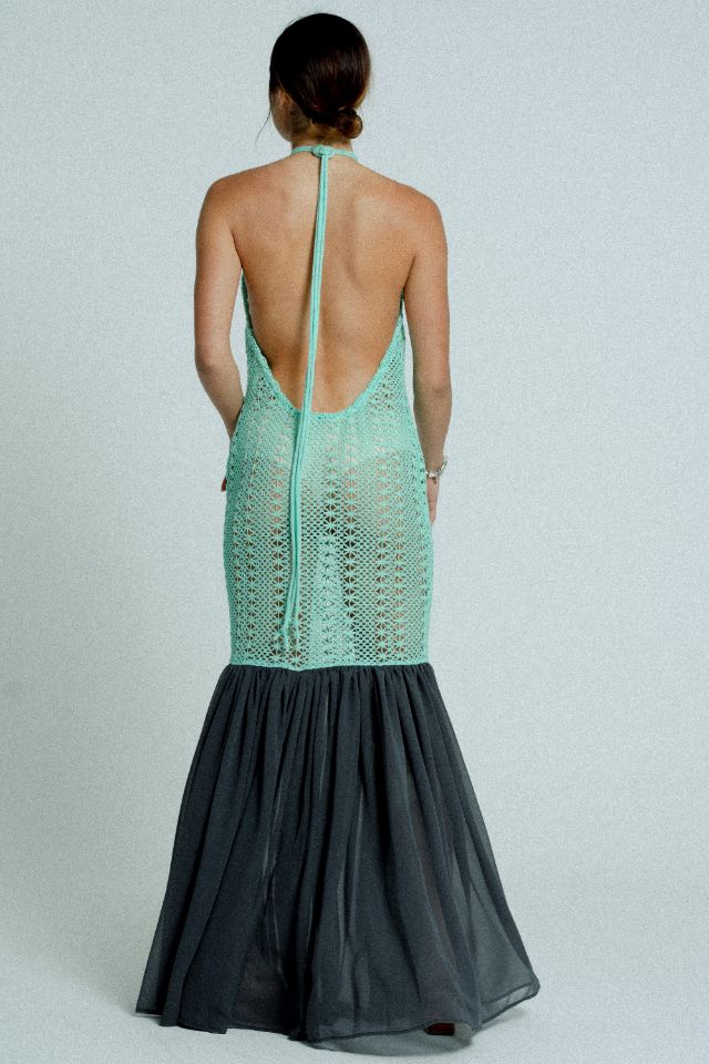 relax baby be cool cotton crochet dress with flowing chiffon hem green on black