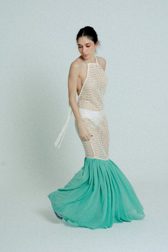 relax baby be cool cotton crochet dress with flowing chiffon hem sand on green