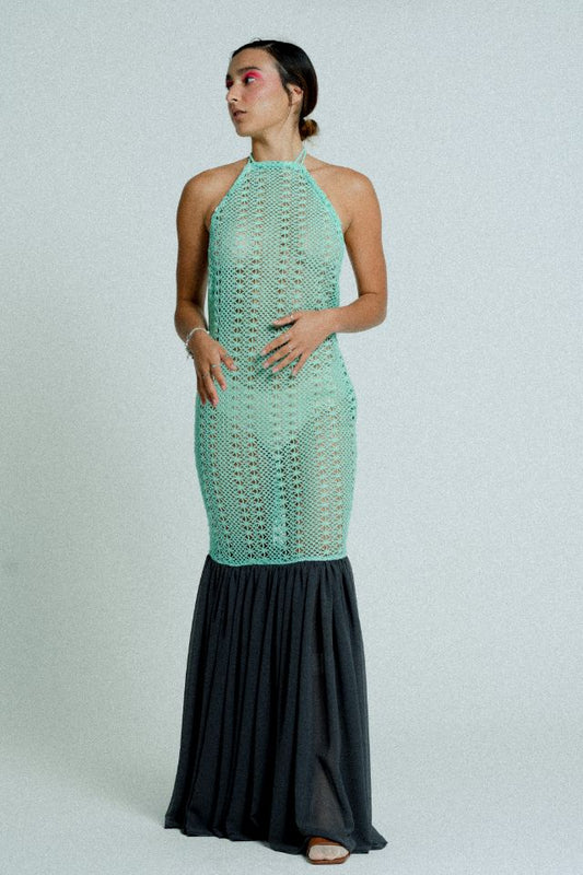 relax baby be cool cotton crochet dress with flowing chiffon hem green on black