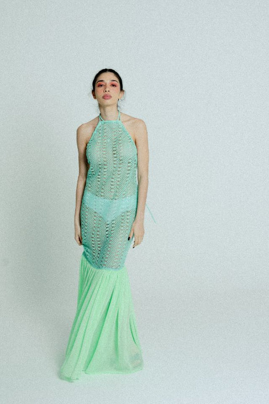 relax baby be cool cotton crochet dress with flowing chiffon hem green on green
