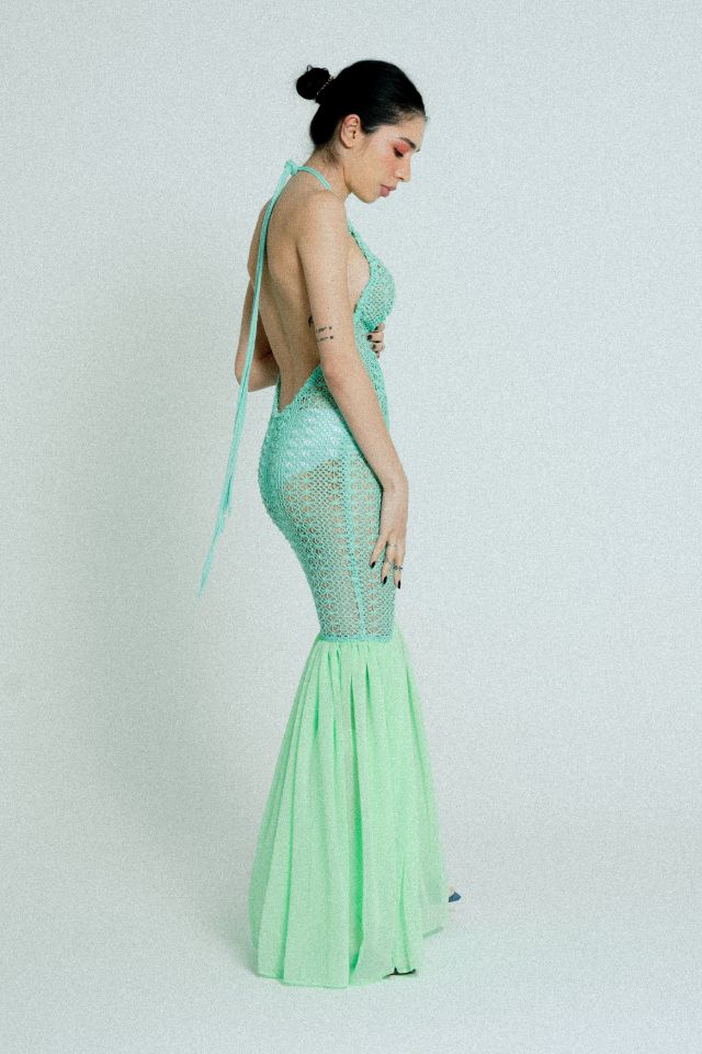 relax baby be cool cotton crochet dress with flowing chiffon hem green on green